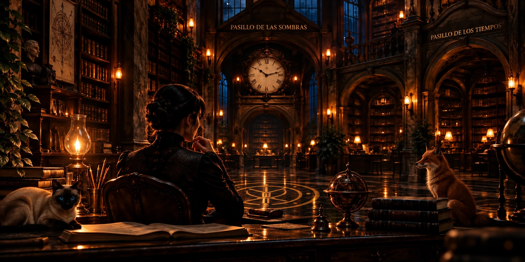 Vestíbulo de El Archivo de las Sombras: biblioteca ceremonial con emblema central en el piso.