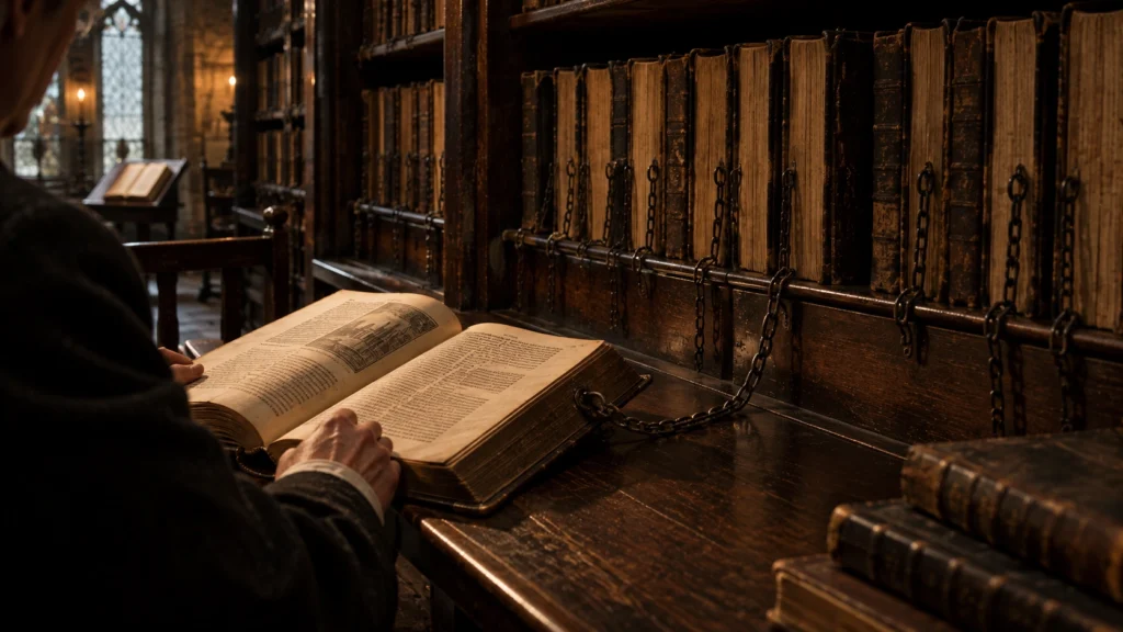 Una persona lee un libro antiguo sujeto por una cadena a un estante de madera, en una biblioteca medieval