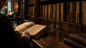 Una persona lee un libro antiguo sujeto por una cadena a un estante de madera, en una biblioteca medieval