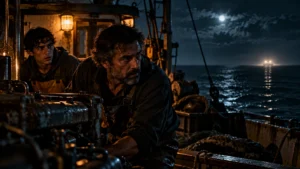 Un pescador y un joven tripulante junto al motor de una barca de noche, con la luna sobre el mar y una luz lejana en el agua
