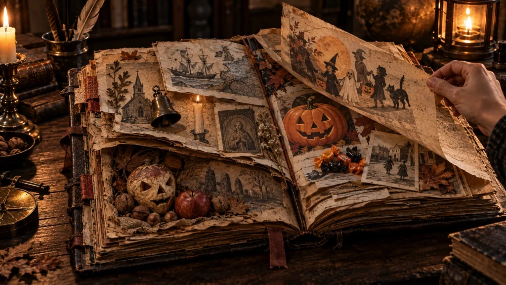 Un libro antiguo abierto con ilustraciones de calabazas, brujas, un gato, una iglesia y un barco, junto a una vela y una linterna