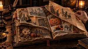 Un libro antiguo abierto con ilustraciones de calabazas, brujas, un gato, una iglesia y un barco, junto a una vela y una linterna