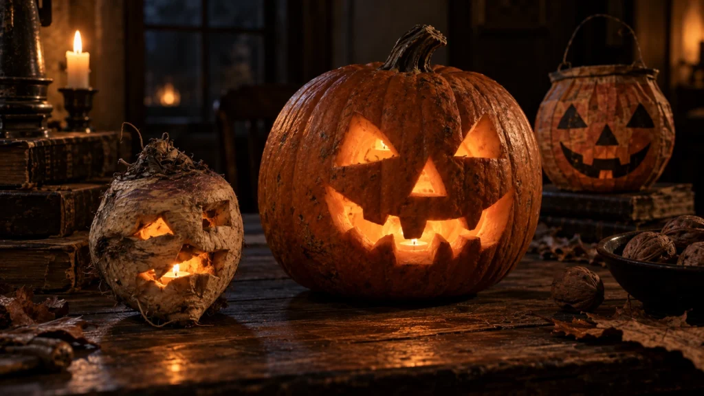 Una calabaza tallada con rostro iluminado junto a un nabo tallado y una vela, sobre una mesa de madera