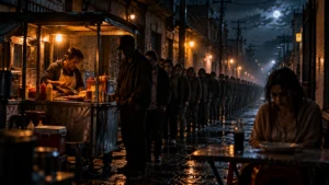 Una larga fila de personas espera de noche en una calle mojada frente a un puesto de comida callejero