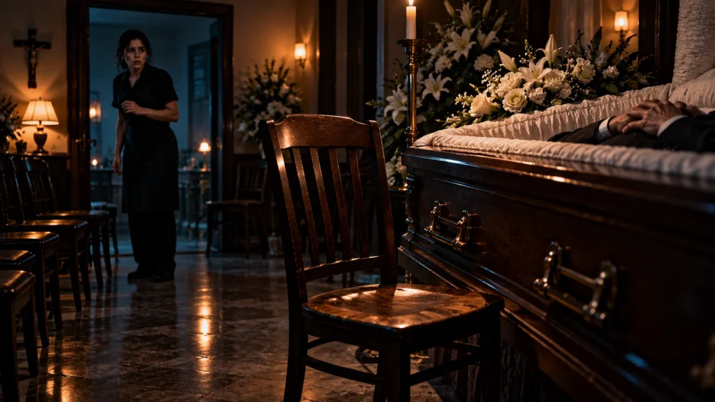 Una silla de madera vacía en una sala funeraria junto a un ataúd, con velas, flores y una mujer en la puerta al fondo