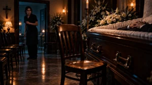 Una silla de madera vacía en una sala funeraria junto a un ataúd, con velas, flores y una mujer en la puerta al fondo