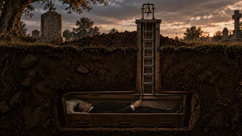 Un hombre yace en un ataúd bajo tierra y sostiene la cuerda de una campana que sale a la superficie de un cementerio