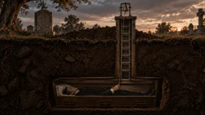 Un hombre yace en un ataúd bajo tierra y sostiene la cuerda de una campana que sale a la superficie de un cementerio