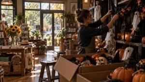 Una mujer cuelga adornos de esqueletos, fantasmas y calabazas en una tienda, junto a una caja llena de decoración