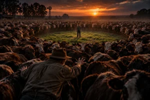Un ranchero intenta abrirse paso entre cientos de vacas para llegar a su hijo, de pie en un círculo de hierba verde.