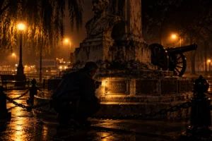Un vigilante arrodillado ante el pedestal de un monumento, con un busto y un cañón oxidado, en una plaza nocturna.