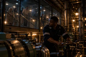 Un maquinista trabaja en la sala de máquinas de un barco mientras pasajeros lo observan tras el cristal de la galería.