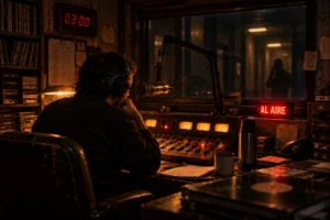Un locutor nocturno ante una consola analógica antigua, con micrófono, auriculares y la señal AL AIRE encendida.
