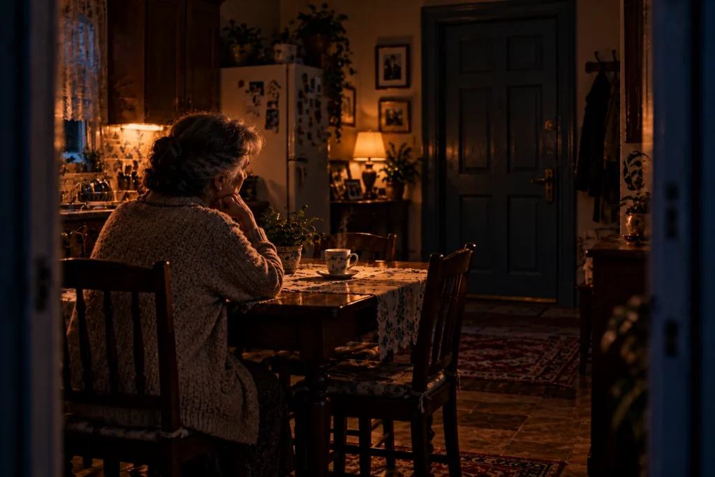 Una anciana sentada en la cocina de una casa antigua, con un pocillo sobre la mesa y la puerta principal cerrada.