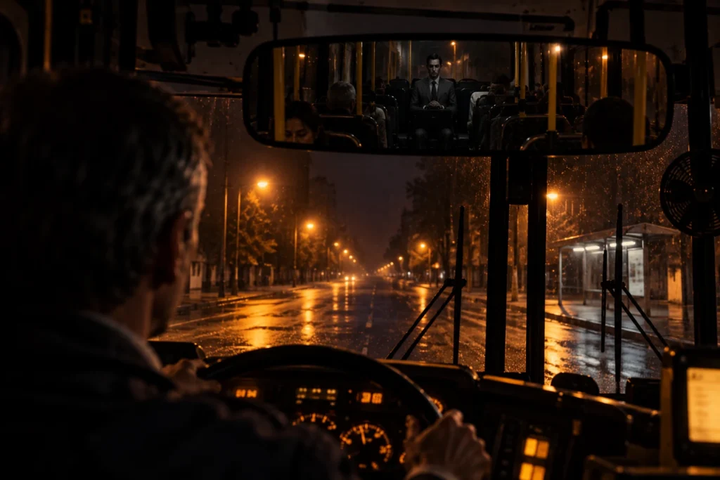 Un conductor de autobús nocturno ve por el espejo a un pasajero de traje gris con maletín, sentado al fondo.