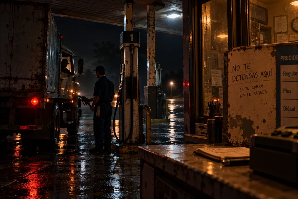 Una gasolinera solitaria de noche, con un empleado de uniforme azul junto al surtidor uno y un camión de reparto antiguo.